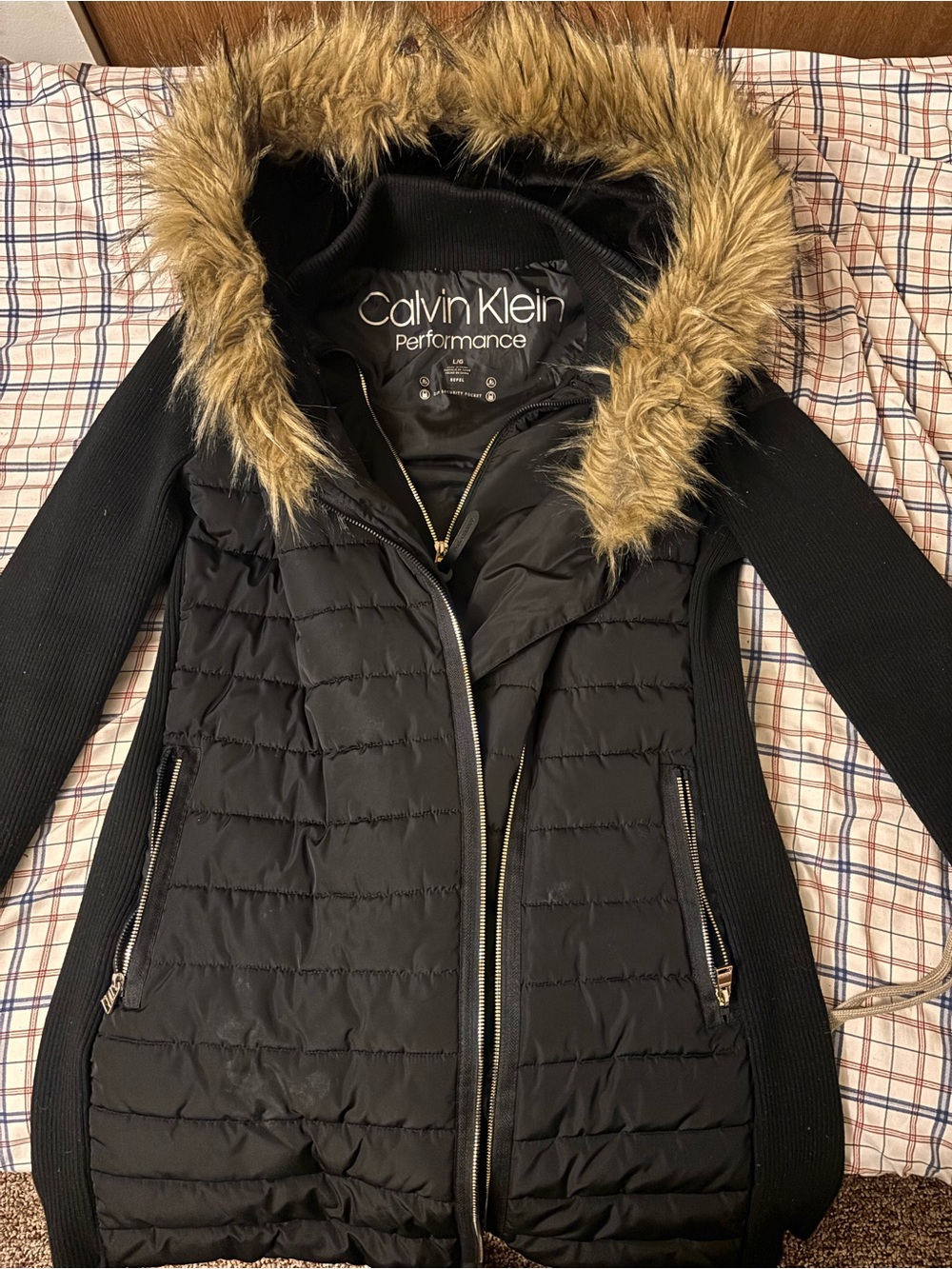 Calvin Klein Performance Black Quilted Puffer Coat with Faux Fur Hood Trim